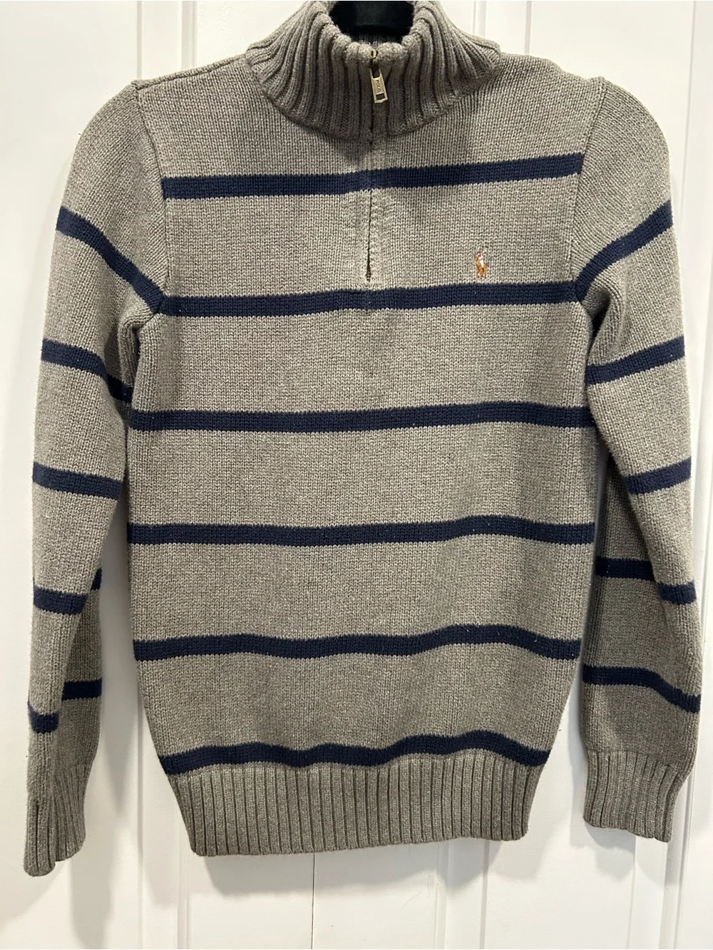 Polo Ralph Lauren Boys L 14-16 Gray Navy Striped Quarter Zip Sweater